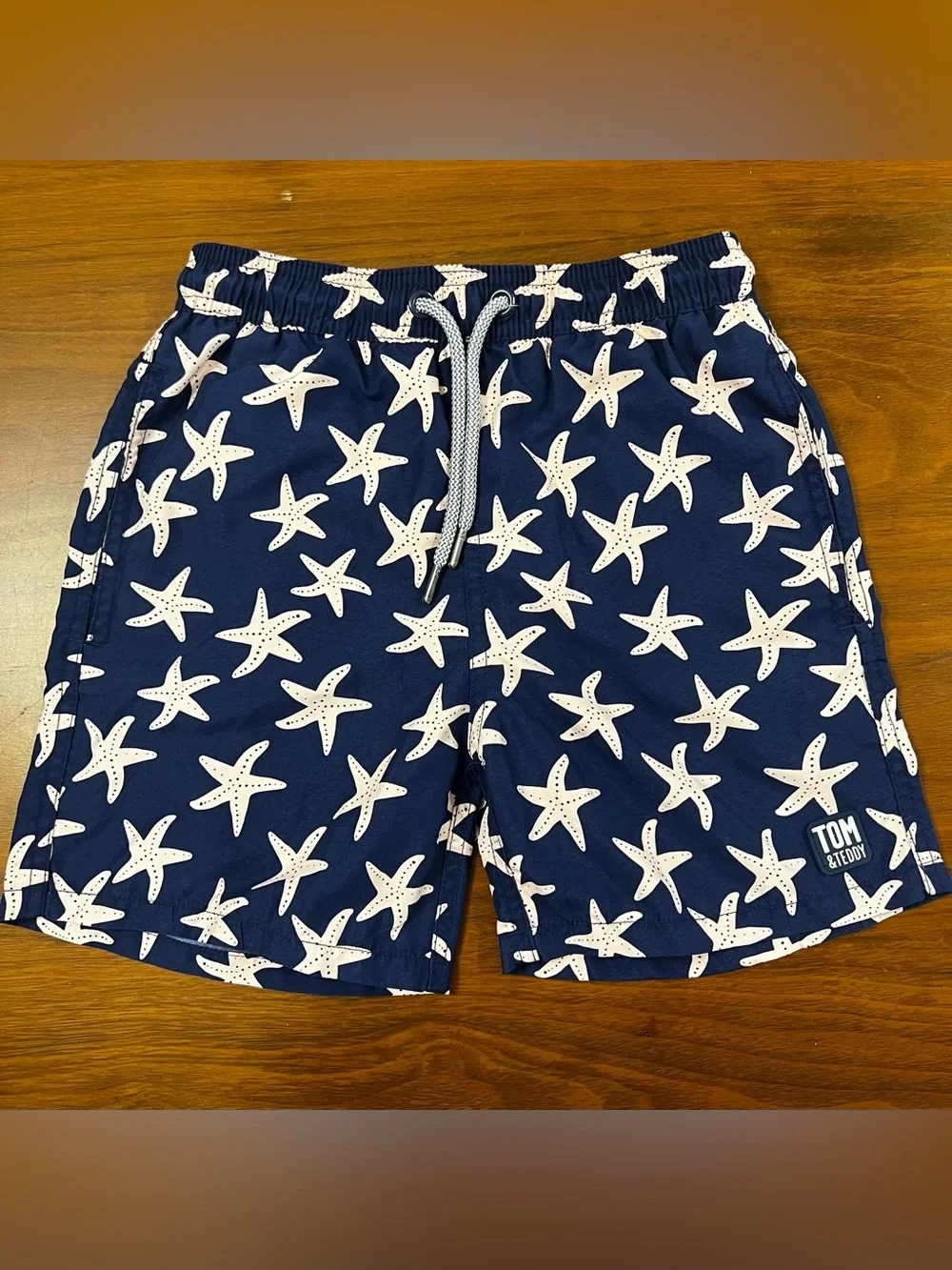 Tom & Teddy Boys Swim Trunks Size 7/8 Navy Blue Light Pink Starfish Mesh Lining